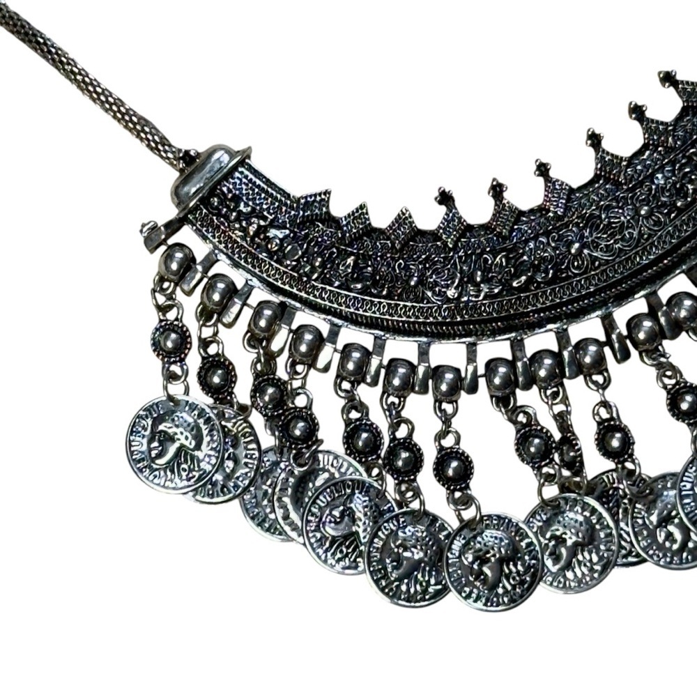 Boho Oxidized Silver Tone Tribal Coin Fringe Bib Necklace Statement Choker - Picture 5 of 14